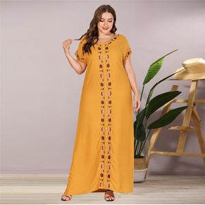 Siskakia Plus Size Frauen Maxi Langes Kleid Mode Lose Beiläufige Gestickte Perlen O Hals Kurzarm Arabische Kleider Sommer T200619