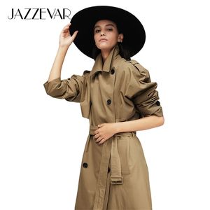 Jazzvar جديد وصول الخريف خندق معطف المرأة القطن غسلها طويل مزدوجة الصدر خندق الملابس فضفاضة جودة عالية 9013 201211