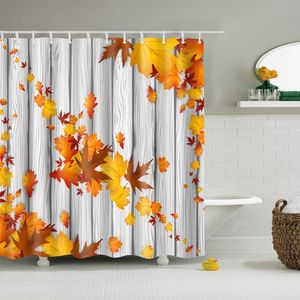 秋のシャワーカーテン秋カエデの葉の葉素朴な木製の布の布地の浴室の装飾ウォータープーフシャワーのカーテンT200711