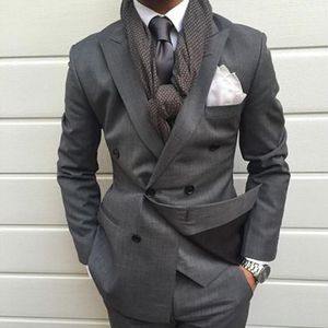 Grey Groom Wear Wedding Tuxedos Double Breasted Slim Fit Men Suits Skinny Tailor Made Prom Party Business Suit Blazers 2 Piece Set (Jacket+Pants)