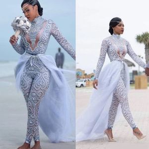 Dress Plus Size Jumpsuits Wedding Dresses With Detachable Train High Neck Long Sleeves African Beaded Bridal Gowns