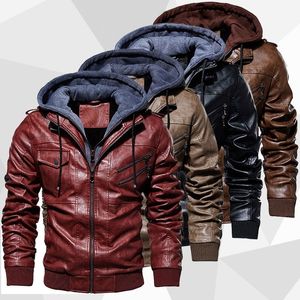 Men's Leather Jacket Autumn Winter Hooded Fur Lined Coat Man Thick Bomber Jacket With Hood Plus Size Vintage Coat Men Jackets 201014