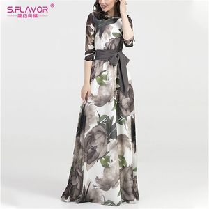 S.Flavor bohemian نمط المرأة ضئيلة طباعة فستان طويل الخريف الشتاء س الرقبة 3/4 الأكمام الخصر فستان خمر حزب أنيق vestidos 201028