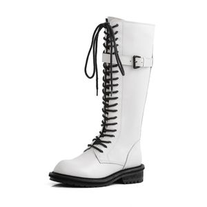 뜨거운 판매 겨울 2020 패션 무릎 높은 낮은 뒤꿈치 라운드 발가락 레이스 업 신발 정품 가죽 검은 백인 여성 부츠