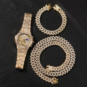 12mm Hip Hop 3 PCS Set Iced Out Pavé Diamond Miami Cuban Link Chain Collana Orologio Bracciale Bling Rapper Curb Gioielli in oroRegali per uomo