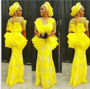Aso Ebi Yellow Prom Dresses With Ruffles Mermaid Appliques Beadings Sheer 3/4 Sleeves Evening Gowns
