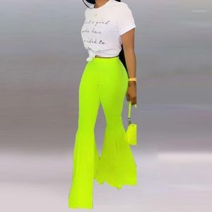 Bkld neon calças verde boho cintura alta flare calças calças senhoras moda elástico perna larga verão roupas de néon1