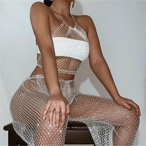 Fashion Siny Rhinestones Fishnet Two 2 Piece Set Women Sexy Halter Crop Top Mesh Hollow Out Long Pants Summer Beach Outfits