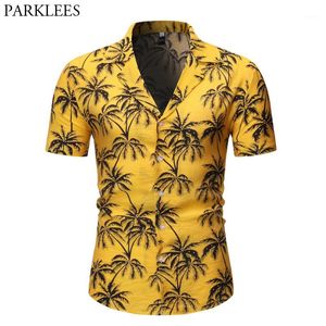 Plam Tree Print Hawaiian Aloha Shirts 2020 Summer Fashion Short Sleeve Yellow Beach Shirts Mens Casual Party Holiday Chemise 2XL1