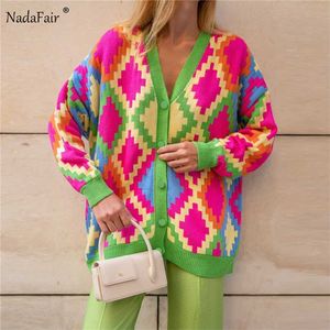 Nadafair Milti Patterned Cardigan Women Fashion Plus Size Winter Sweater Autumn Loose Casual Oversized Knitwear Cardigan Muje 211221