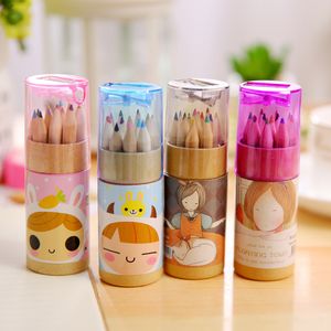 Cartoon bonito mini caneta de cor 12pcs / set crianças artista lápis colorido lápis pastel com apontador para fontes de desenho de escola 0854