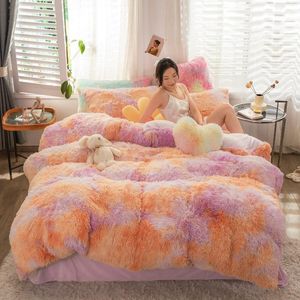 Bettwäsche-Sets Heimtextilien 4 Stück Herbst Winter Wärme Tie Dye Druck Lange Plüsch Steppbett Set Queen Size für Schlafzimmer Hochzeit