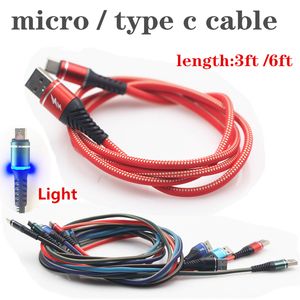 3ft / 6ft Kablolar LED Işık Kabloları 3.0A Hızlı Şarj Mikro / Tip C İki Renkli Bez Desen USB Şarj Kablosu Samsung S20