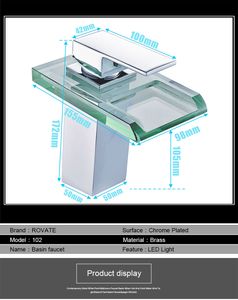 FreeShipping LED Becken Wasserhahn Messing Wasserfall Temperatur Farben Ändern Bad Mischbatterie Deck Montiert Waschbecken Glas Wasserhähne