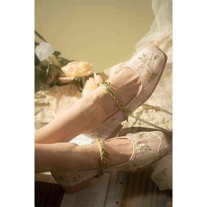 Платье обувь лесной фея Мэри Джейн виноградная сетка сетки плиссированные балет квадратные носки низкие каблуки насосы элегантные девушки лолита обувь 220221