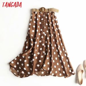 Tangada women dots pleated midi skirt with belt vintage side zipper office ladies elegant chic mid calf skirts 4C10 T200712