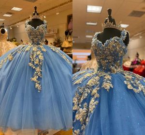 Złote Haftowane Kwiaty Quinceanera Dress Blue Cekinowy Tulle Suknia Balowa Sukienka Kobiety Formalne 2021 Spaghetti Gorset Powrót Prom Sweet 16 15 Girl