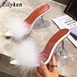 Eilyken novo design branco fofo apontado toe womens chinelos pvc transparente sandálias de geleia perspex espico de vidro sapatos sapatos x1020