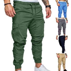 Men Casual Solid Color Pockets Waist Drawstring Ankle Tied Skinny Cargo Pants celana panjang pria salopette homme Trendy H1223