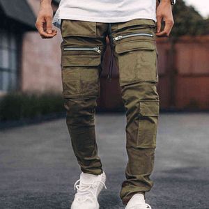 High Street Cargo Pants Men Zipper Big Pocket Mens Casual Slim Fit Workout Trousers Solid Harajuku Sweatpants Sportswear 2021 H1223
