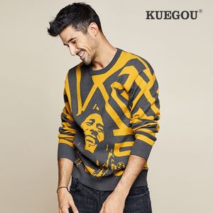 Kuegou outono inverno homens camisola marca quente de malha moda knitwear streetwear lazer suéteres top plus tamanho lz-1754 201106