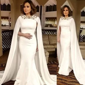 Prom Mermaid Modest White Mother of the Bride Dresses With Cape Arabic Gold Appliques Sweep Train Special OCN Party Dress Al