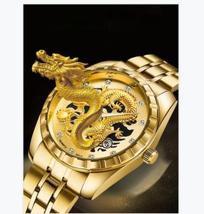 WLISTH Watch Men Embossed Hollow Dragon Wristwatch Non Mechanical Men's Watch Full Steel Gold Quartz Male Clock Erkek Kol Saati