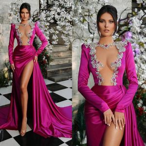 Sexy Fuchsia атласные вечерние платья для арабских женщин 2022 с длинными рукавами o шея видят через высокие разбитые бисером