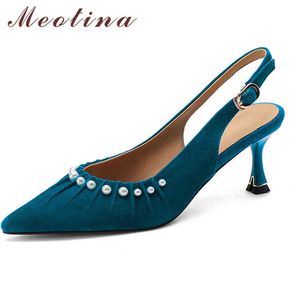 Oryginalne buty z prawdziwymi skórzanymi butami Suede Stilettos Klamra i Pearl Spring Blue 2 9