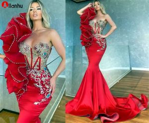 NEW! 2022 Plus Size Arabic Aso Ebi Red Luxurious Mermaid Prom Dresses Beaded Crystals Stylish Evening Formal Party Second Reception Gowns Dress