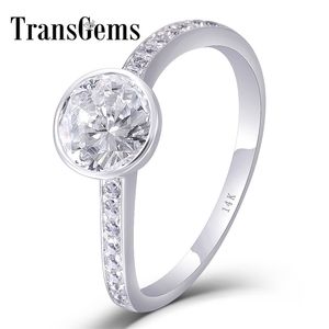 TransGems Solid 10K/14K White Gold Center 1ct 6,5MM F Color Moissanit Ring Ehering mit Akzenten für Frauen Edlen Schmuck Y200620