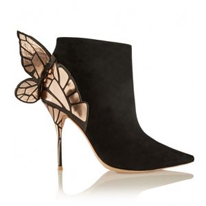 熱い販売秋の蝶の女性のブーツ黒のスエードとレザーの尖ったつま先のブーツハイヒールのブーティバックフットメタリック翼ブーツ