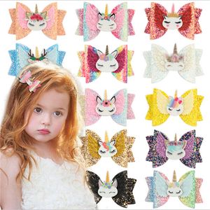 Kids Girls Cartoon Unicorn Glitter Hairpins PU Leather Bow Knot Hairgrips Hairbow Hair Clips Women Bowknot Barrettes Ponytail Holder E123104