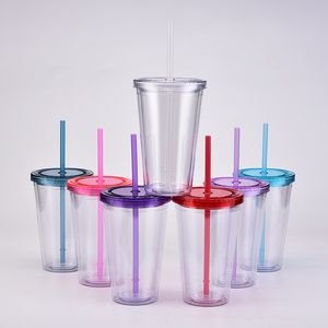16oz Rensa plast tumblers akrylvattenflaskor med halm dubbelväggigt kontor kaffe muggar transparenta dricksflaskor 12 färger