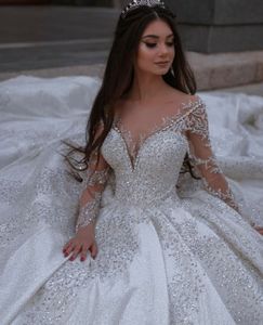 Księżniczka Kryształowa Suknia Ślubna V Neck Długie Rękawy Suknie Ślubne Koronkowe Aplikacje Sweep Pociąg Glamour Robe de Mariee