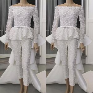 Tuta da sera floreale in pizzo 3D con strascico staccabile 2022 Manica lunga con spalle scoperte Applique in rilievo Abito da ballo Abito con pantaloni abiti da sera