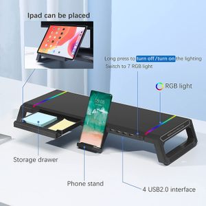 Monitor Stand para Luzes de Gaming RGB da mesa com 4 USB 2.0, Riser de tela dobrável com gaveta de armazenamento e suporte de telefone, organizador de mesa laptop fica prateleira