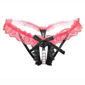 Lace Pearl T Back G-Strings Bow Knot aberto calcinha de virilha tanga feminino