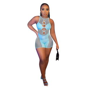 Nya grossist jumpsuits Summer Women Mesh Rompers Sexy Hollow Out Bodysuits Solid Sheer Playsuits STEVELÄSNINGAR SEXY Night Club Wear Leggings Bulk 7040