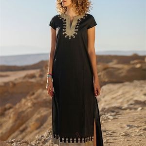 Boho-elegantes, besticktes Stehkragen-Kurzarm-Side-Split-Sommerkleid, Streetwear, lässiges Maxikleid N1154 220311