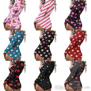 Short Jumpsuit Women 2022 Valentines Day Tracksuits New Printed Rompers Long Sleeve Home Pajamas Deep V Neck Nightclub Tight Sexy Bodysuit