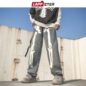 Lapster homens esqueleto de jeans preto calças jeans homens streetwear hip hop harem harem alto wasit macacão 220308