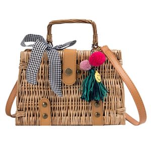 NEW-Fashion Women'S Bow Woven Tassel Bamboo Series Youth Shoulder Diagonal Cross Bag Temperament Handbag Box Shape