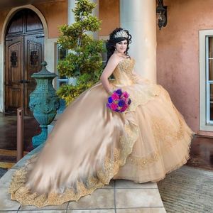 شمبانيا أحجار الكريمينات الدانتيل الأميرة Quinceanera الكرة الحلو 16 حفلة فستان Vestidos de Novia