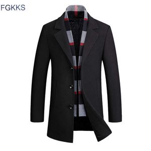 FGKKS 남성 브랜드 양모 블렌드 새로운 패션 겨울 따뜻한 두꺼운 모직 솔리드 컬러 코트 슬림 피트 남성 트렌치 코트 (스카프 제공) 201120