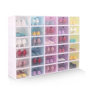 두꺼운 투명한 플라스틱 신발 상자 방진 구두 저장 상자 뒤집기 맑은 신발 상자 사탕 컬러 스태커 가능한 신발 주최자 상자 20 색