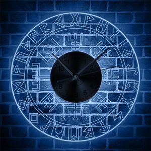 Norse Rune Compass Luminous Wall Clock with LED Light Viking Runes Acrylic LED Edge Lit Wall Clock Man Cave Bar Lighted Sign LJ201211