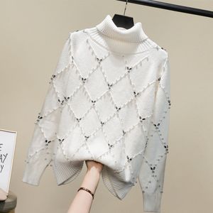 Nya kvinnors lyxpärlor Rhinestone Patchwork långärmad stickad Turtleneck tröja Top Pullover Jumper Plus Size SMLXL