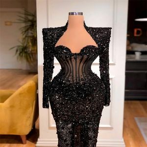 Luksusowy Czarny Prom Dress Dubai Arabia Kryształ Cekiny Koraliki Suknie Wieczorowe Długie Rękawy Chic Glitter Party Dress Custom Made Robe De Soiree