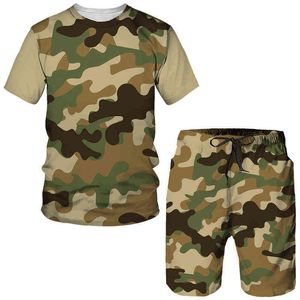 Verão Camo Men's Zipper T-shirt / Shorts / Terno Masculino de manga curta Camuflagem Militar Camuflagem Sportswear Set Unisex Casual 2 Pcs Tracksuit G220224